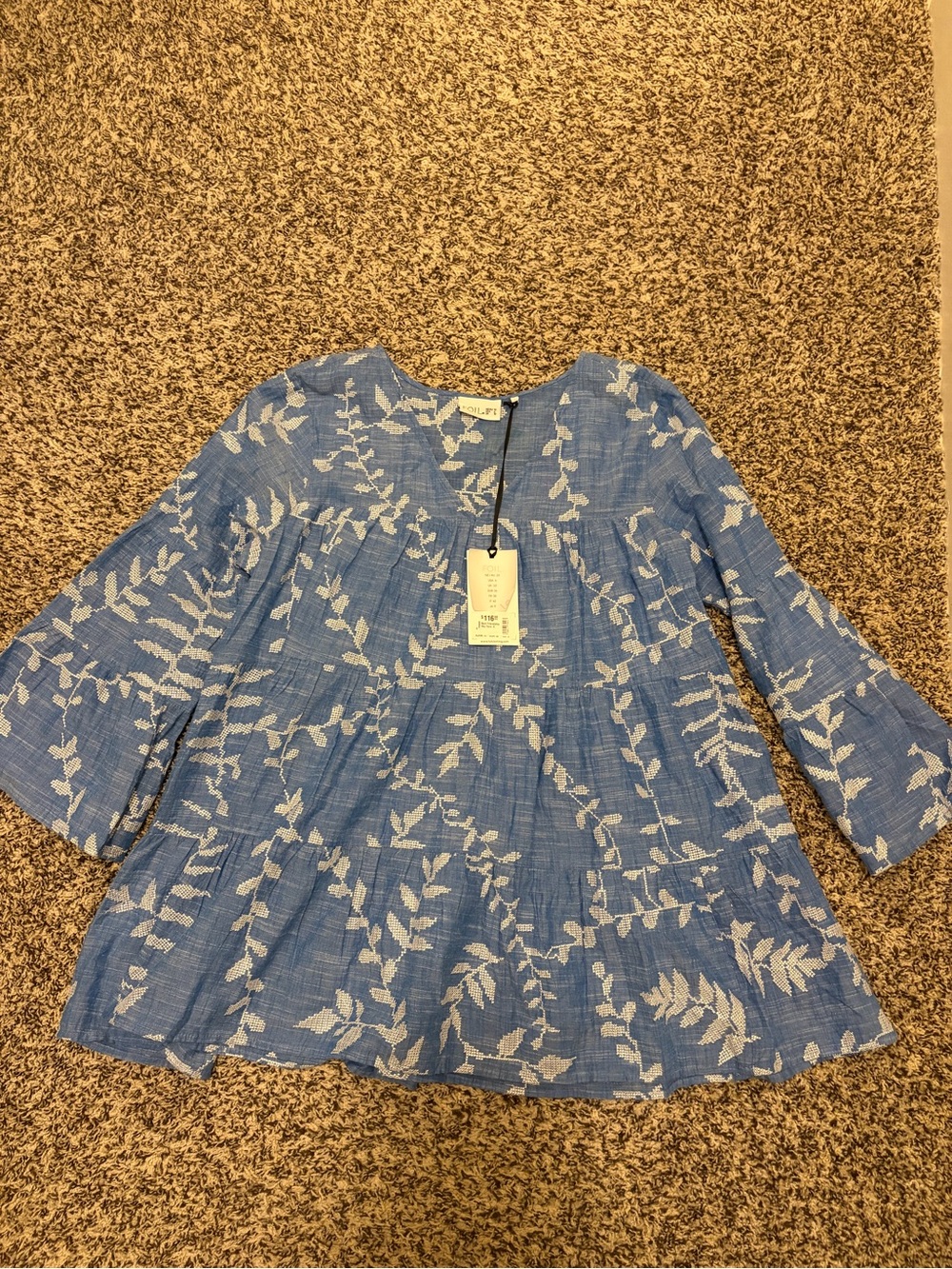 Blue Floral Embroidered Tiered Tunic Top - Women
